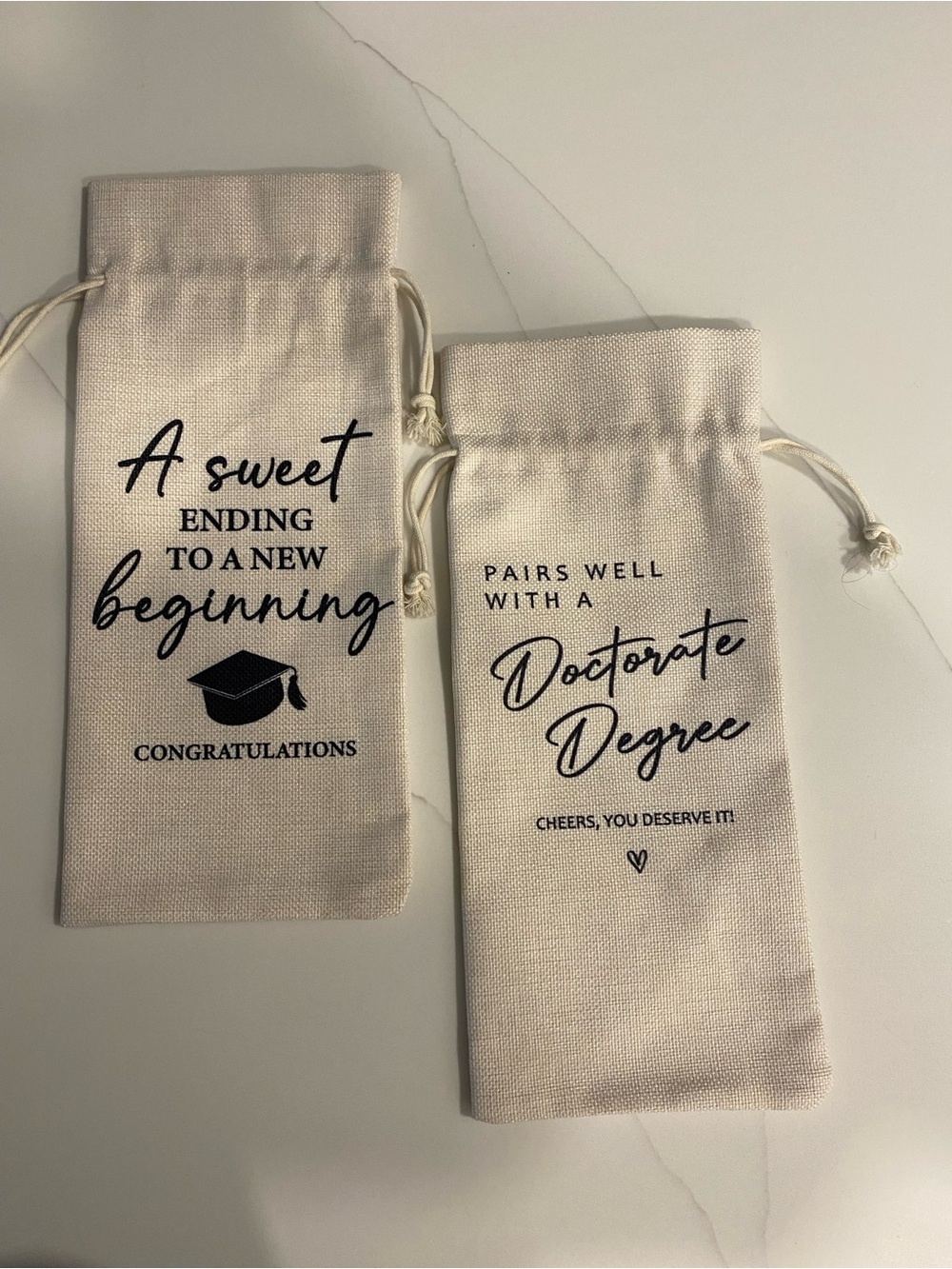 Graduation Cotton Drawstring Pouches in Cream - Set of 2